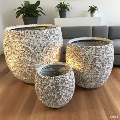 kaufen Monstera-Blatt-Designmuster Grauer runder GRC-Topf Dachgarten-Landschaftsbauprojekt online manufacture